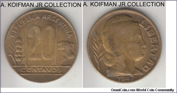 KM-42 (Prev. KM-17), 1947 Argentina 20 centavos; aluminum-bronze, reeded edge; common issue, average circulated, a bit dirty.