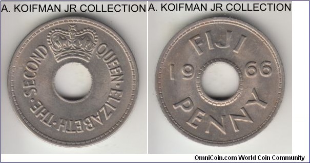KM-21, 1966 Fiji penny; copper-nickel, plain edge; Elizabeth II, good uncirculated, light reverse toning.