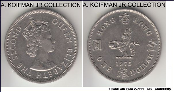 KM-35, 1975 Hong Kong dollar; copper-nickel, reeded edge; Elizabeth II, British possession circulation coinage, about uncirculated.