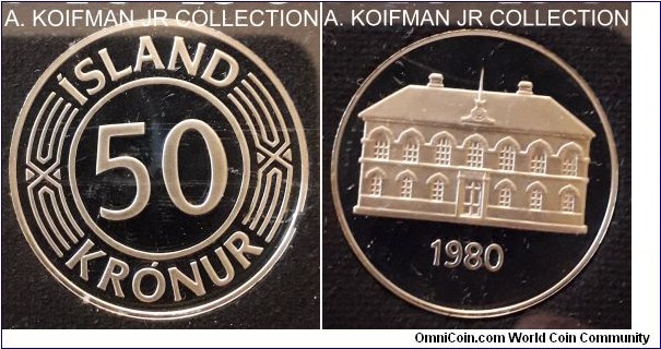 KM-19, 1980 Iceland 50 kronur; copper-nickel, plain edge; mintage 15,000 in Royal Mint commemorative set, brilliant proof.