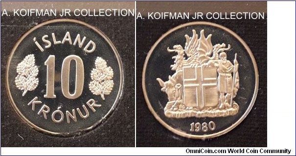 KM-15, 1980 Iceland 10 kronur; copper-nickel, reeded edge; mintage 15,000 in Royal Mint commemorative set, brilliant proof.