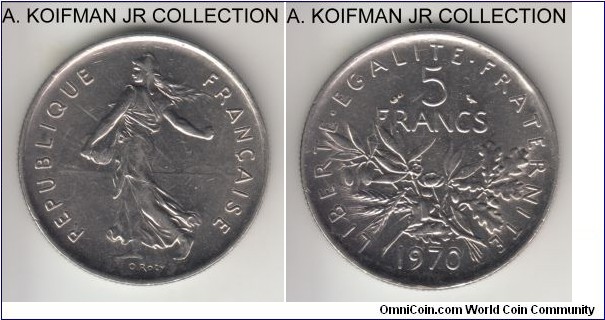 KM-KM-926a.1, 1970 France 5 francs, Paris mint; nickel clad copper-nickel, reeded edge; circulation coinage, first year of the popular Sower series that continued from that date until the end of the franc, bright almost uncirculated.
