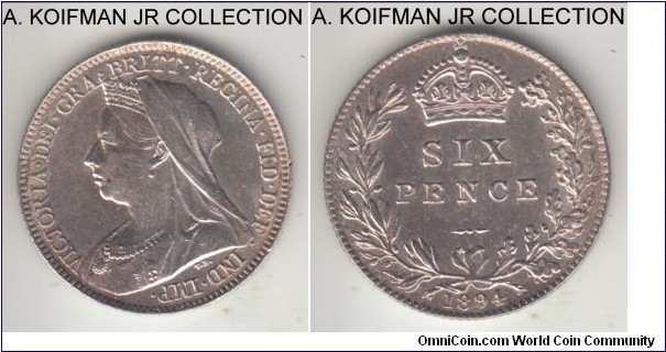 KM-779, 1894 Great Britain 6 pence; silver, reeded edge; Victoria, smallest mintage of the type, uncirculated or almost, maybe wiped. 