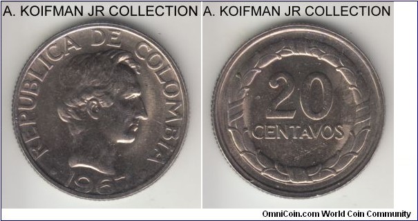 KM-227, 1967 Columbia 20 centavos; nickel clad steel reeded edge; uncirculated, better struck for the type.