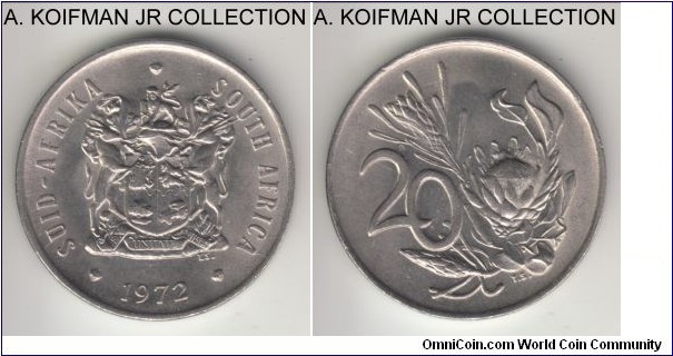 KM-86, 1972 South Africa 20 cents; nickel, plain edge; common circulation issue, average uncirculated or almost.