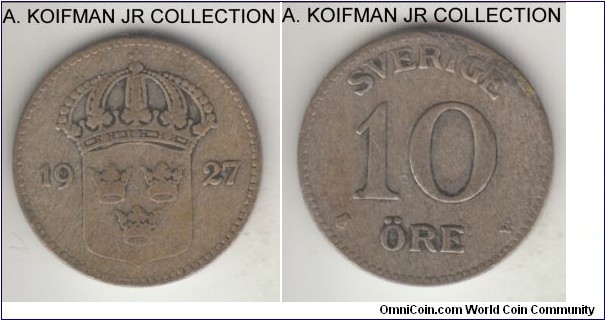 KM-780, 1927 Sweden 10 ore; silver, plain edge; Gustaf V, well circulated and worn.