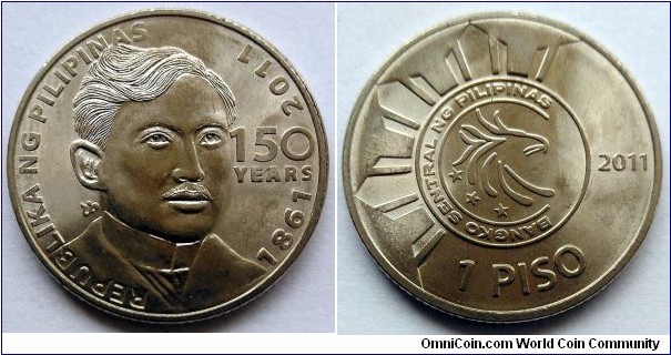 Philippines 1 piso.
2011, 150th Anniversary of Birth of José Rizal. (II)