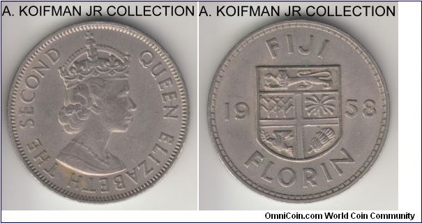 KM-24, 1958 Fiji florin; copper-nickel, reeded edge; Elizabeth II, good extra fine, not cleaned.