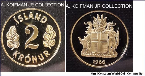 KM-11a.1, 1966 Iceland 2 kronur; nickel-brass, reeded edge; proof from the Royal Mint commemorative set, gem deep cameo, mintage 15,000.