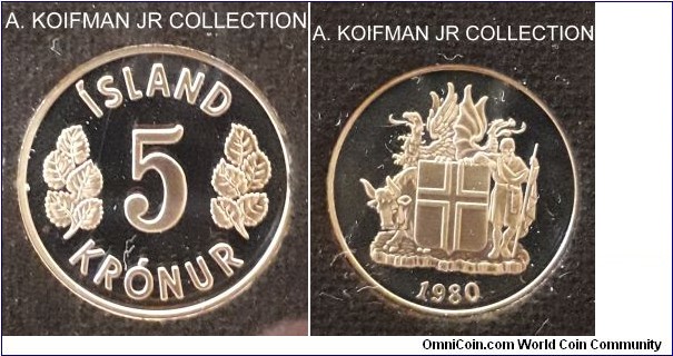 KM-18, 1980 Iceland 5 kronur; copper-nickel, reeded edge; mintage 15,000 in Royal Mint commemorative set, brilliant deep cameo proof.