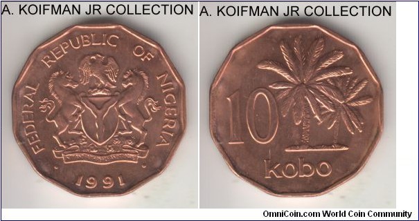 KM-12, 1991 Nigeria 10 kobo; copper-plated steel, 12-sided flan, plain edge; oil palms on reverse, circulation 1-year type, red uncirculated.