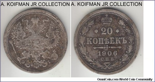 Y#22a.1, 1906 Russia (Empire) 20 kopeks, St. Petersburg mint (СПБ mint mark); silver, reeded edge; Nicolas II, good fine details, old cleaning.