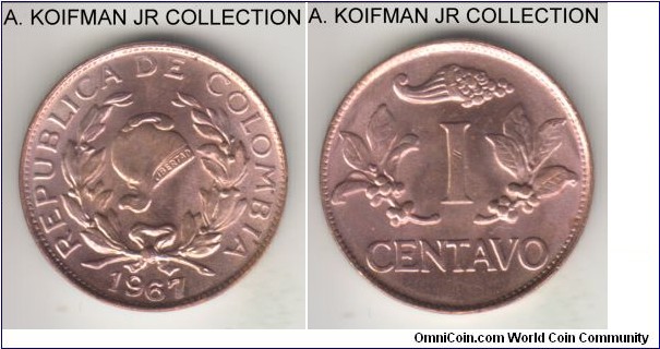KM-205a, 1967 Colombia centavo; copper plated steel, plain edge; low 6 variety, red uncirculated, well struck specimen, except for the date.