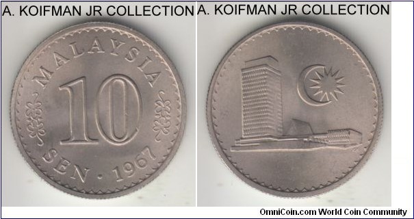 KM-3, 1967 Malaysia 10 sen; copper-nickel, reeded edge; first year of independent Republic coinage, nice uncirculated coin.