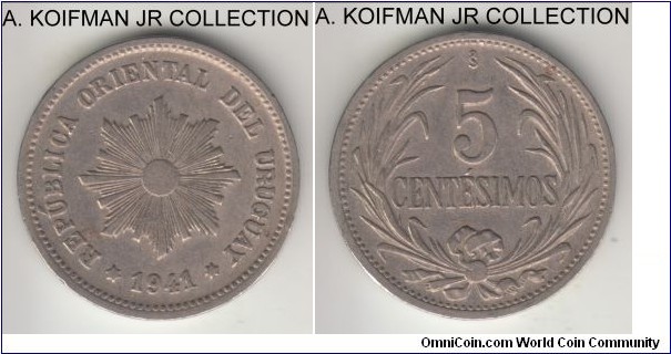 KM-21, 1941 Uruguay 5 centesimos, Santiago (Chile) mint ( So mint mark); copper-nickel, plain edge; regular variety, decent grade, good very fine.