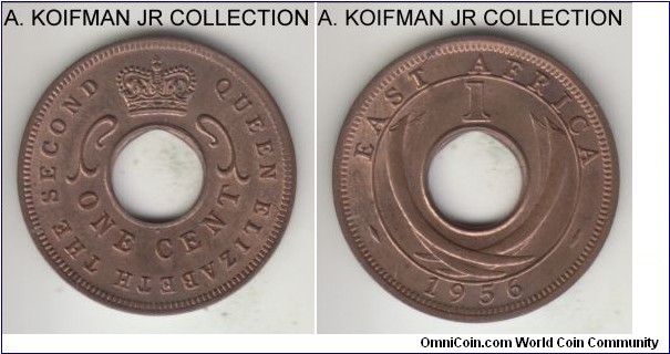 KM-35, 1956 East Africa cent, Heaton mint (H mint mark); bronze, plain edge; Elizabeth II, red brown uncirculated.