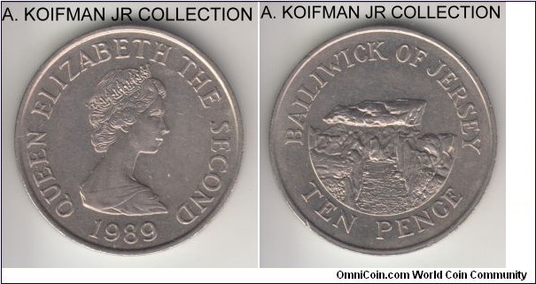 KM-57.1, 1989 Jersey 10 pence; copper-nickel, reeded edge; Elizabeth II, average uncirculated or almost, few bag marks.
