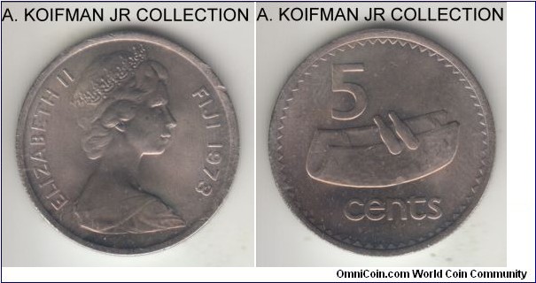 KM-29, 1973 Fiji 5 cents; copper-nickel, reeded edge; Elizabeth II, first decimal type, uncirculated, obverse edge scrapes are likely minting defect.
