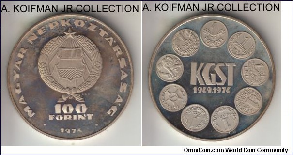 KM-602, 1974 Hungary 100 forint; proof, silver, lettered edge; 25'th Anniversary of the KGST (COMCON), mintage 5,000 in proof, toned and a bit hazed (no as much as scan shows) uncirculated.