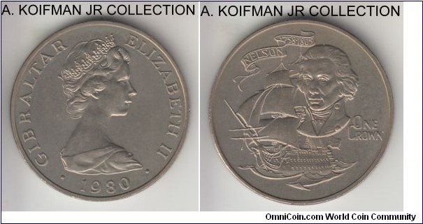 KM-12, 1980 Gibraltar crown; copper-nickel, reeded edge; Admiral Lord Nelson commemorative, 1-year type, mintage 100,000, lightly toned uncirculated.