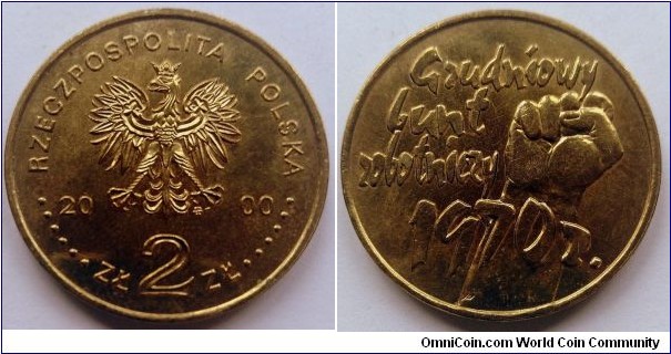 Poland 2 złote. 2000, 30th Anniversary of December Events in 1970. Nordic gold. Weight; 8,15g. Diameter; 27mm. Mintage: 750.000 pcs.