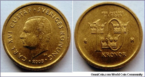 Sweden 10 kronor. 2005 H, Nordic gold. Weight; 6,6g. Diameter; 20,5mm. Mintage: 13.183.261 pcs.