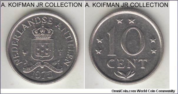KM-10, 1975 Netherlands Antilles 10 cents; nickel, reeded edge; Juliana, average uncirculated.