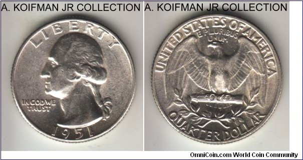 KM-164, 1951 Unites States of America 25 cents, Philadelphia mint (no mint mark); silver, reeded edge; Washington quarter, bright white uncirculated or almost.