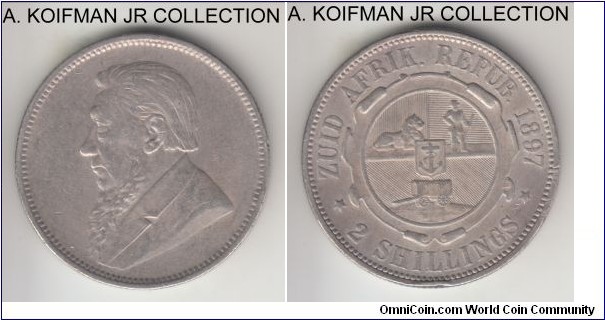KM-6, 1897 Zuid-Afrikkansche Republiek (ZAR) South Africa 2 shillings; silver, reeded edge; late Boer Republic, good very fine details, edge bump and may have been cleaned in the past.