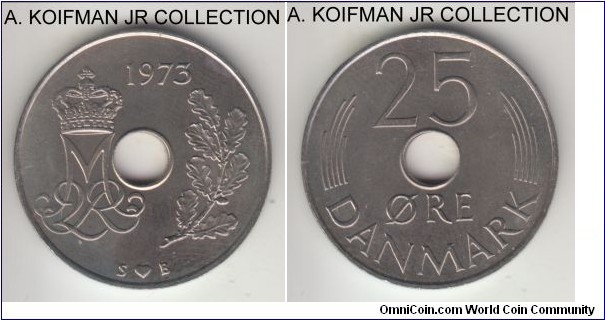 KM-861, 1973 25 ore; copper-nickel, holed flan, reeded edge; Margreth II, circulation coinage, bright uncirculated.