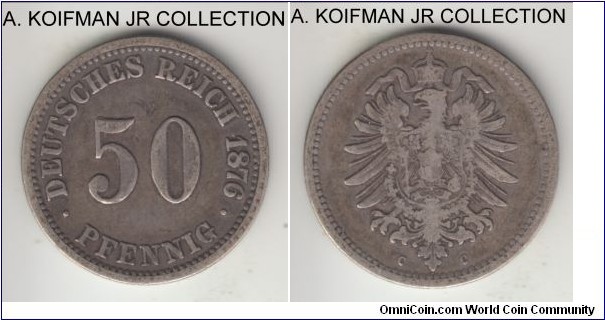 KM-6, 1876 Germany (Empire) 50 pfennig, Frankfurt mint (C mint mark); silver, reeded edge; Wilhelm I, good fine.