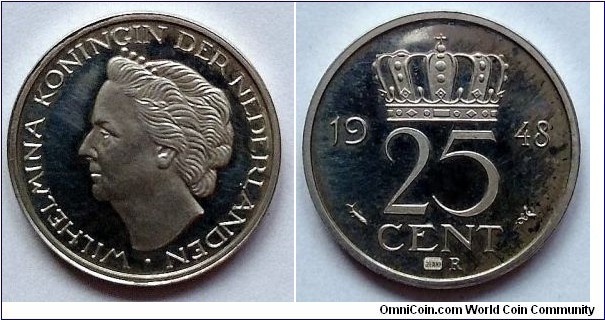 Netherlands 25 cents.
1948, Mysterious silver proof emission. Z800 in hologram and letter R below CENT on reverse. Some oddity.