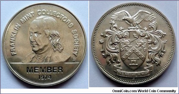 Franklin Mint Collectors Society Member 1974. Silver token. 6,91g Ag 925. Diameter; 24,8mm.