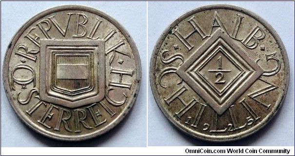 Austria 1/2 schilling. 1925, Ag 640. Weight; 3g. Diameter; 19mm. Mintage: 22.763.000  pcs.