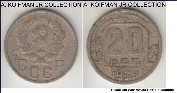 Y#104, 1935 Russia (USSR) 20 kopeks; copper-nickel, reeded edge; flat star low P variety, average circulated.