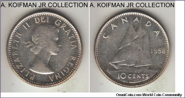 KM-51, 1958 Canada 10 cents; silver, reeded edge; Elizabeth II, extra fine or about.