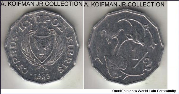KM-52, 1983 Cyprus 1/2 cent; aluminum, 12-sided flan, plain edge; decimal issue, 1-year type, about uncirculated, toned.