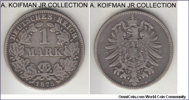 KM-7, 1875 Germany (Empire) mark, Frankfurt mint (C mint mark); silver, reeded edge; Wilhelm I, well circulated and cleaned.