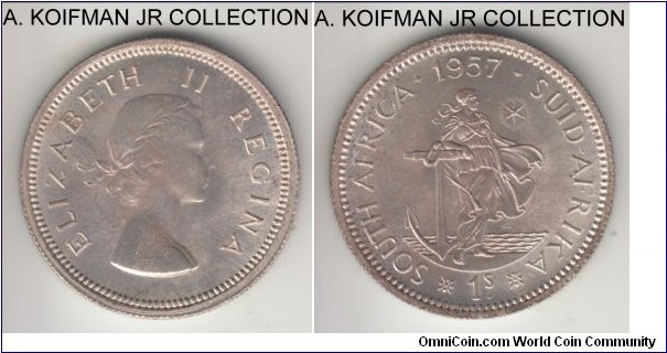 KM-49, 1957 South Africa (Dominion) shilling; silver, reeded edge; Elizabeth II, smaller mintage year, toned uncirculated.