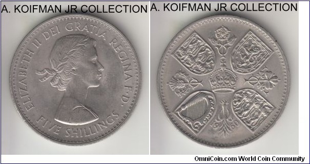 KM-909, 1960 Great Britain crown; copper-nickel, reeded edge; Elizabeth II, British Exhibition in New York commemorative issue, relatively scarce, regular (not proof like) issue in nice choice uncirculated grade uncommon fo such large coin.