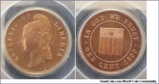 KM-PN1, 1890 Liberia cent, Philadelphia mint; bronze, plain edge; PCGS certified as KM-Pn47 and graded PF64RB.