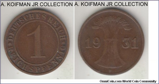 KM-37, 1931 Germany (Weimar Republic) pfennig, Stuttgart mint (F mint mark); bronze, plain edge; common coin, brown good fine to about very fine.