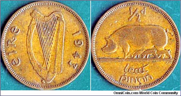 Ireland 1943 1/2 Penny.
