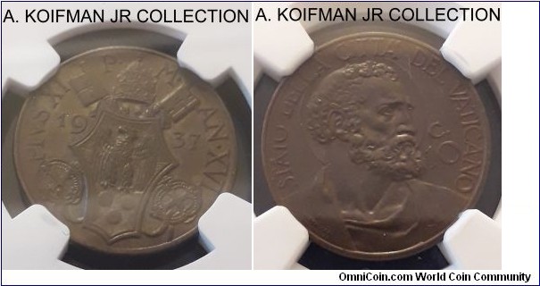 KM-2, 1937 Vatican 10 centesimi; bronze, plain edge; Year XVI of Pius XI, mintage of 81,000, brown uncirculated NGC graded MS BN 65.