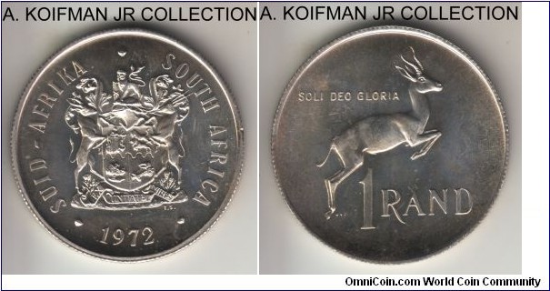 KM-88, 1972 South Africa rand; proof, silver, reeded edge; earlier Republican coinage, small mintage of 10,000 in proof sets, lightly toned.