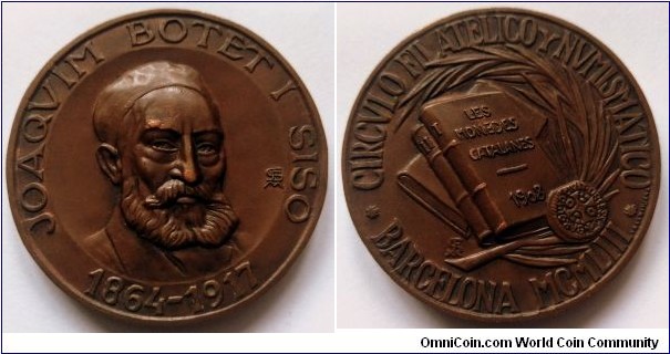 Spanish medal - Philatelic and Numismatic Association. Joaquim Botet i Sisó.