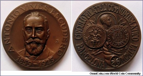 Spanish medal - Philatelic and Numismatic Association. Antonio Vives Escudero.