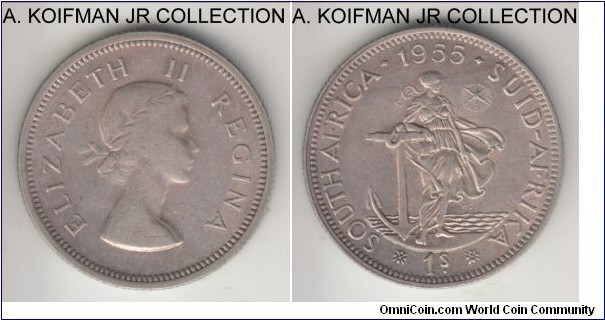 KM-49, 1955 South Africa (Dominion) shilling; silver, reeded edge; Elizabeth II, late pre-decimal coinage, toned extra fine or so.