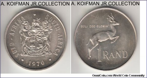 KM-88, 1970 South Africa (Republic) rand; proof, silver, reeded edge; early Republican coinage, only issued in proof and mint sets, mintage 10,000 in proof, lightly toned.