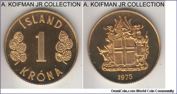 KM-12A, 1975 Iceland krona; proof, nickel-brass, reeded edge; mintage 15,000 in Royal Mint commemorative set.